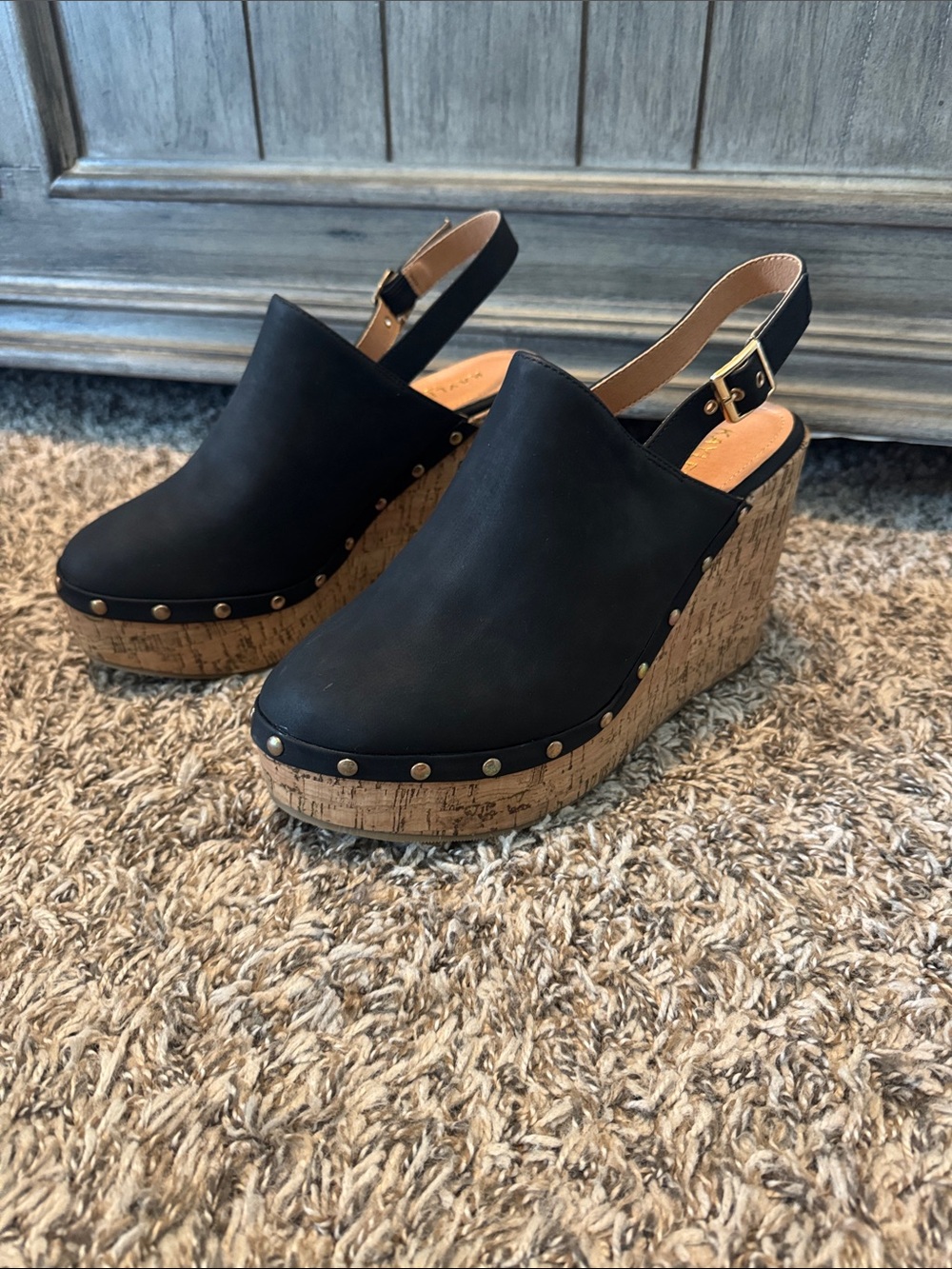 KAYLEEN By Los Angeles Black Cork Wedge Slingback